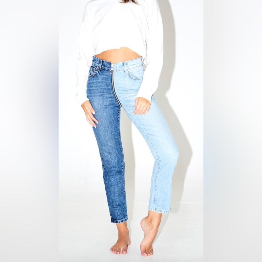 REVICE Contrast Two-Tone Ankle Jeans in Dark Blue & Light Blue